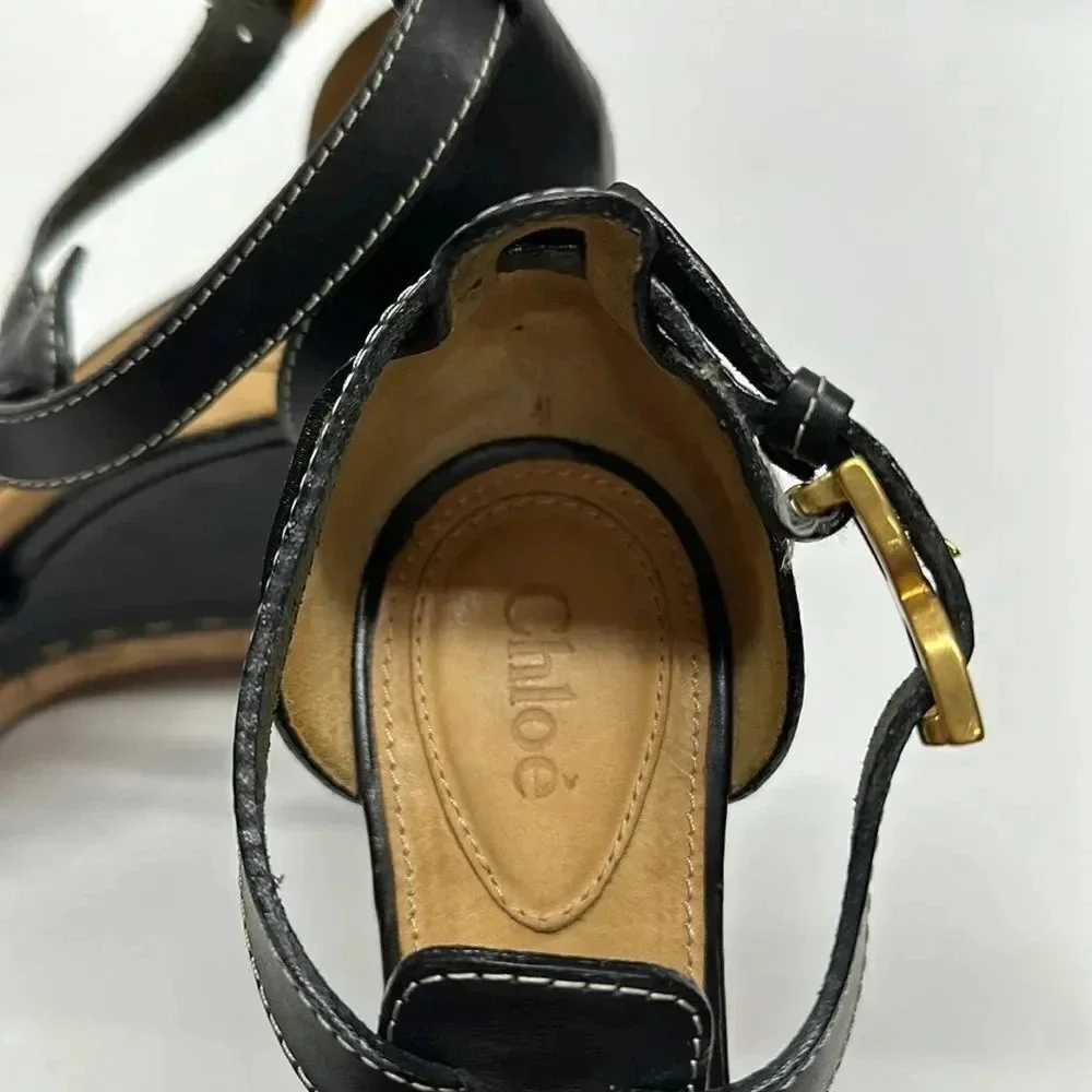 Chloe Marcie Wedges Leather T-Strap Platform High Heel Sandals Black Size 40.5